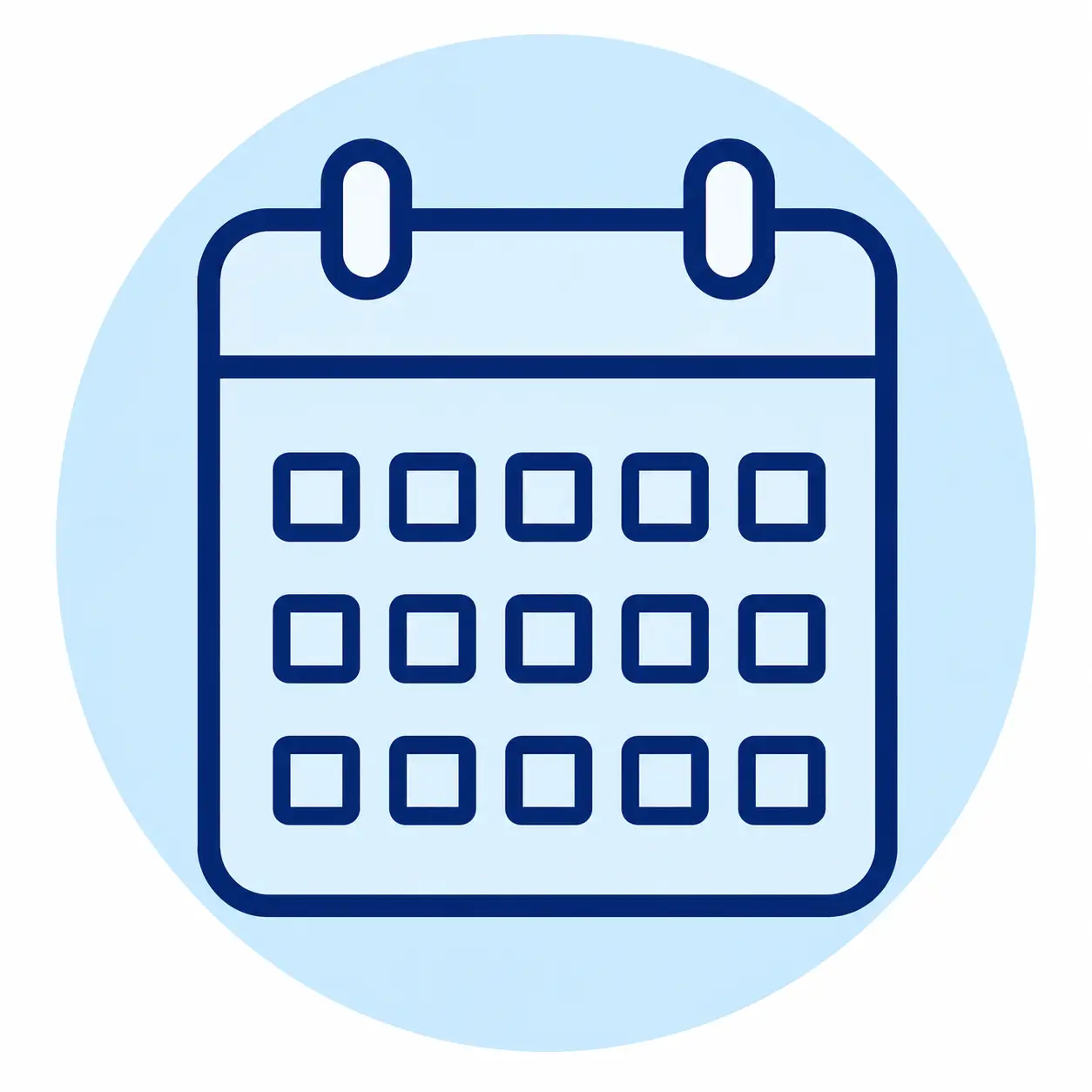 Blue outline drawing of a calendar with a grid of squares, set against a light blue circular background.
