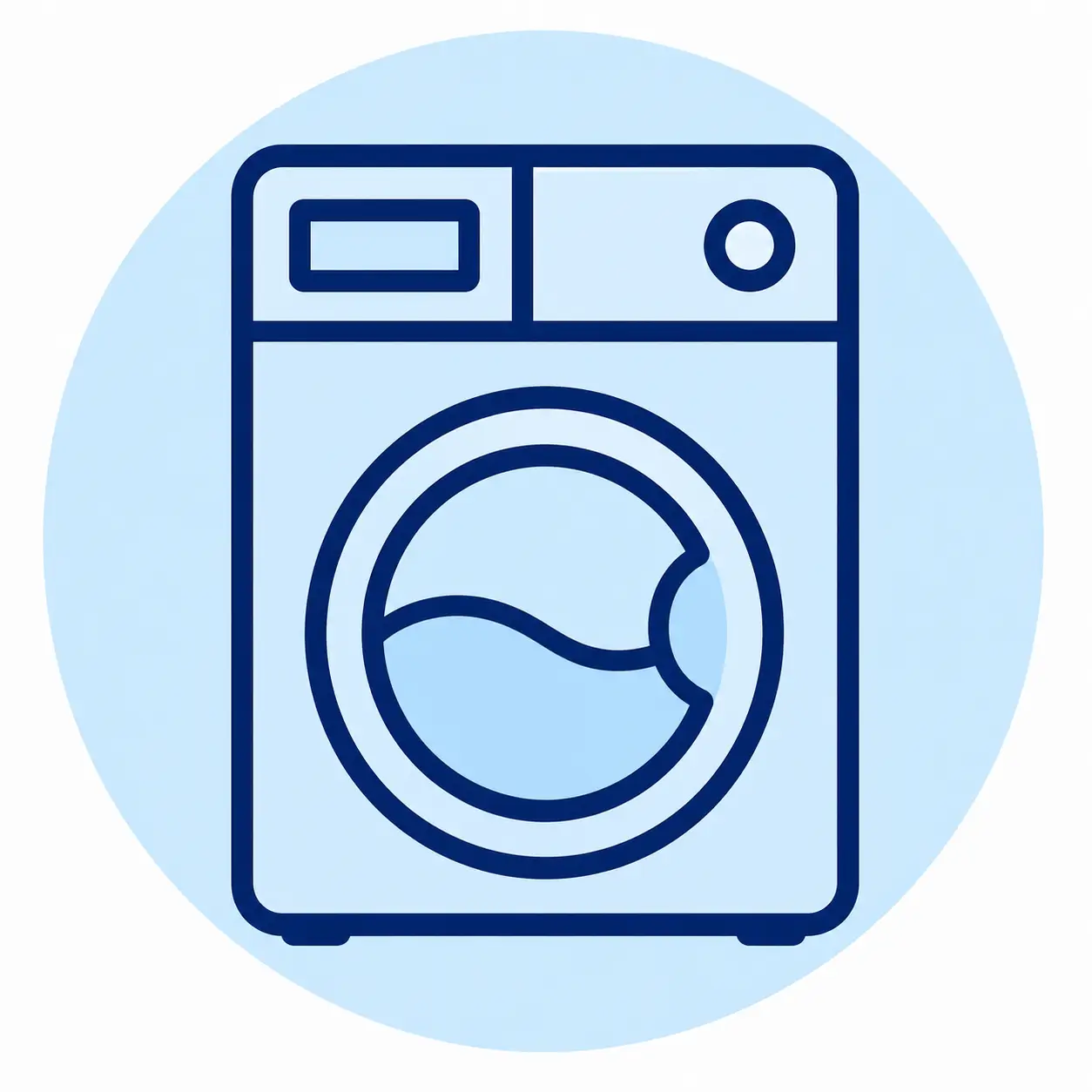 Blue outlined icon of a front-loading washing machine with a circular door, set against a light blue circular background.