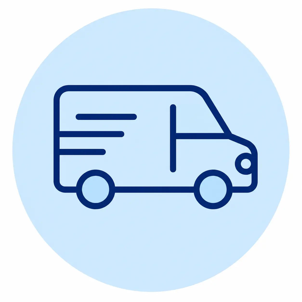Outline of a delivery van inside a light blue circle.